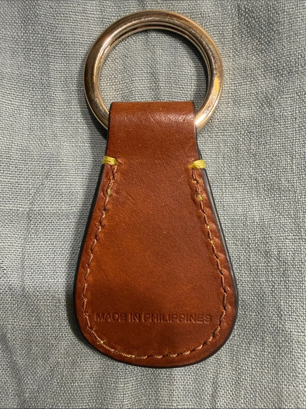 Dooney & Bourke Brown Leather Key Fob Ring with Yellow Stitching